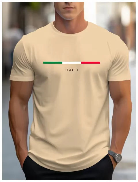 T-Shirt Homme Imprimé Italia 100% Coton – Loose Fit, Col Rond, Manches Courtes