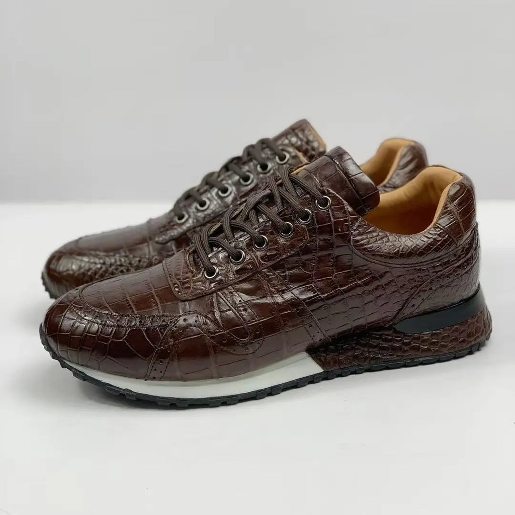 Sneakers Cuir Véritable Effet Croco Marron Homme – Bout Rond, Tailles 38-44 – CLEVI Paris