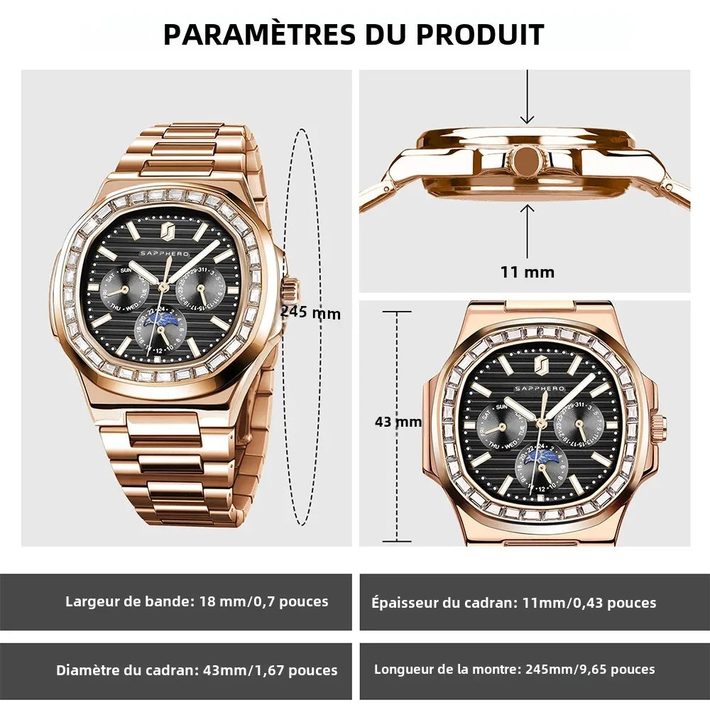 Montre SAPPHERO SO2201 – Quartz Or Rose, Cadran Diamant, Acier Inoxydable 40 mm, Aiguilles Lumineuses, Anti-Magnétique, Étanche 3 ATM – CLEVI Paris