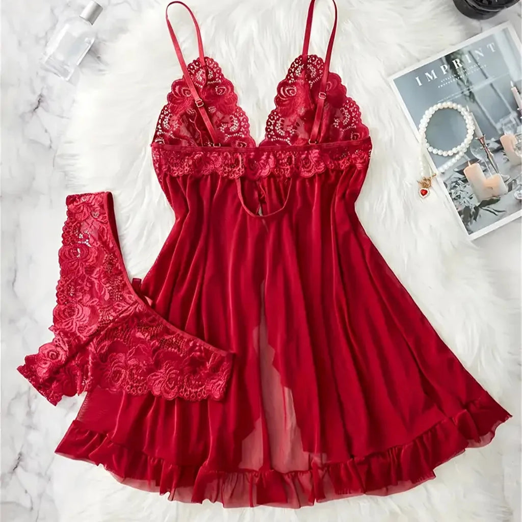 Ensemble Lingerie Dentelle Volantée Col V Profond Transparent Femme Nuisette Mini + String 6 Coloris S-XL – CLEVI Paris