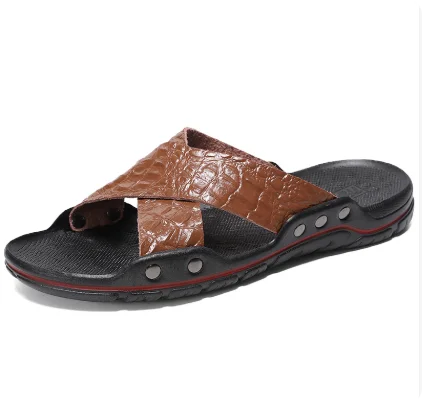 Fashion New Men's Crocodile Embossed Leather Slippers Casual Sandals For Men Summer Open Toe Beach Garden Shoes Flip Flops