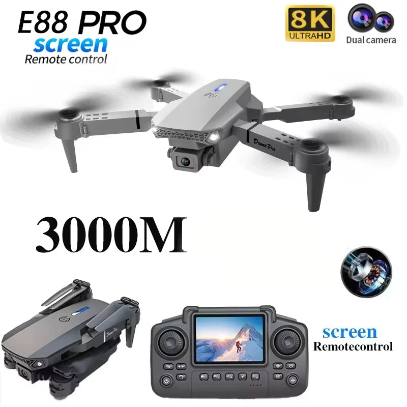 Drone E88 Pro 8K avec Écran Télécommande – Double Caméra, Positionnement Optique, Brushless & 23 Min de Vol – CLEVI Paris