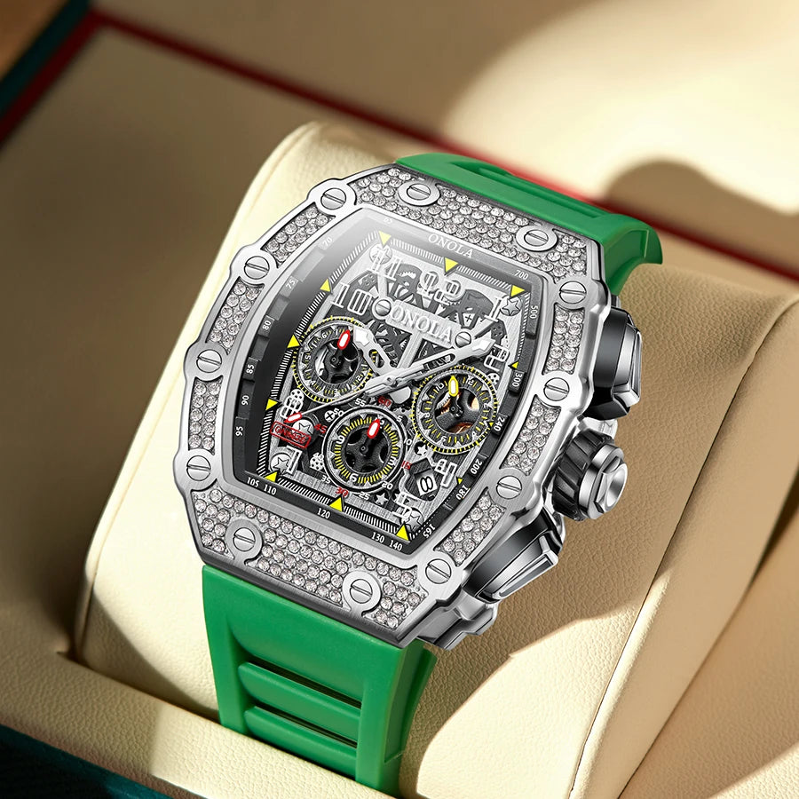 ONOLA ON6826D – Montre Automatique Homme | Diamants, Phase de Lune, Squelette, Étanche 3 Bar