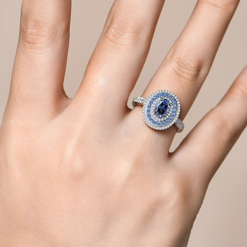 Bague Femme ATTAGEMS Moissanite Bleue Ovale 1ct Argent S925 – Fiançailles & Mariage