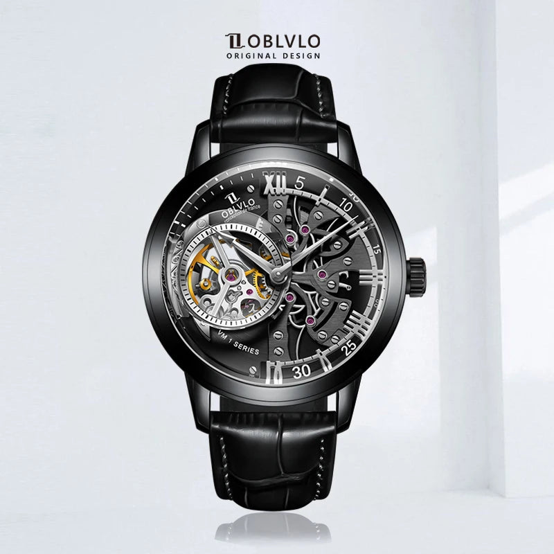 Montre Homme Automatique Squelette Rétro Cuir Veau Oblvlo VM 45mm – CLEVI Paris