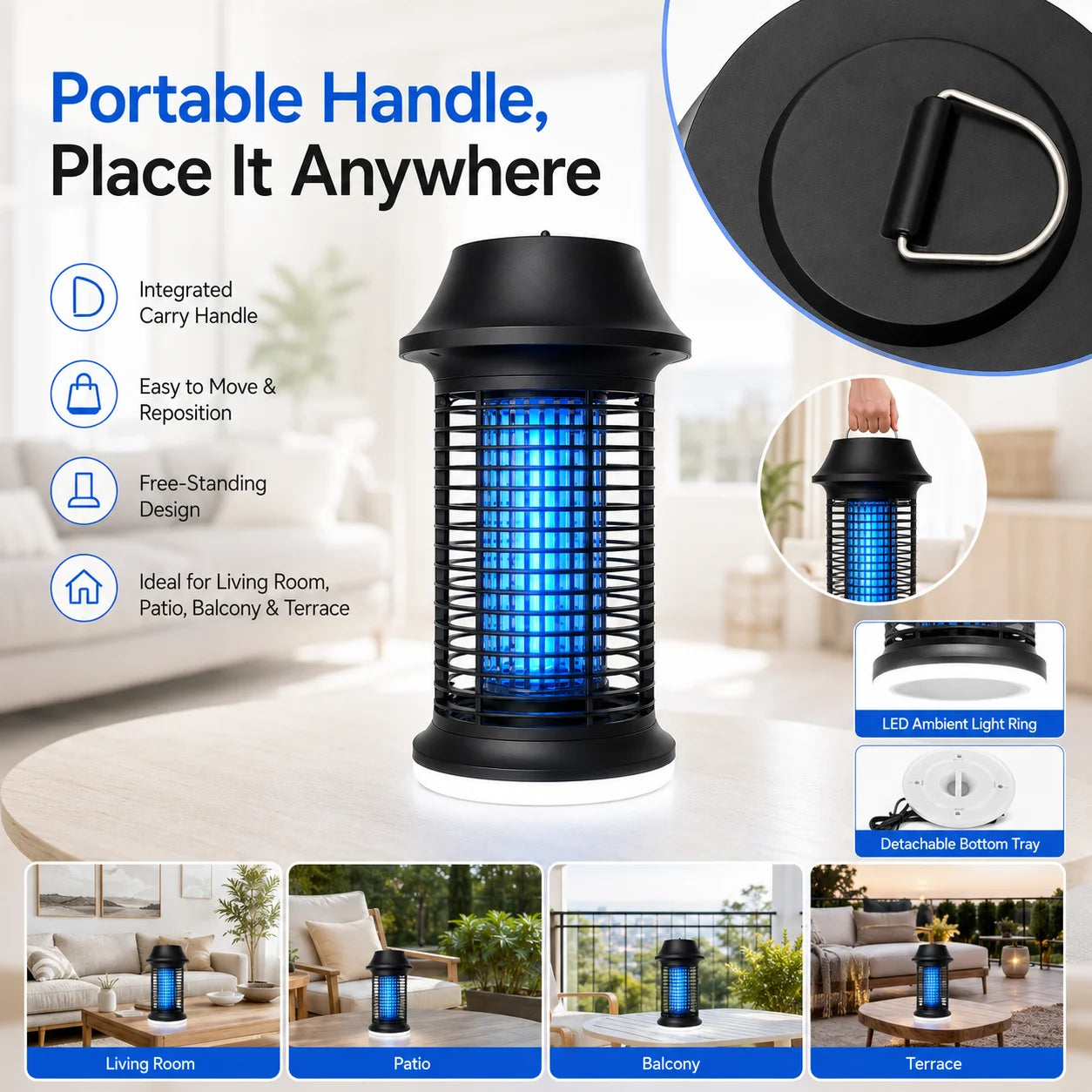 Lampe Anti-Moustiques UV 15W 2-en-1 + Lumière LED – IPX4 Étanche, 360°, Maison, Jardin & Camping