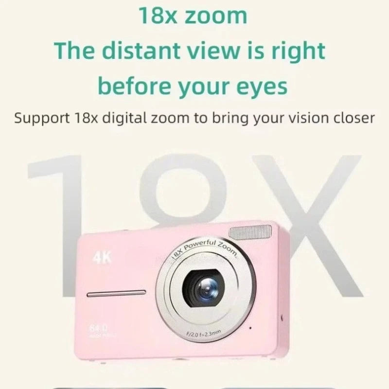 Appareil Photo Numérique 4K 64MP Autofocus – Zoom 18x, Écran 2,4", Anti-Secousses, Webcam, Vlog, 3 Coloris, SD en Option