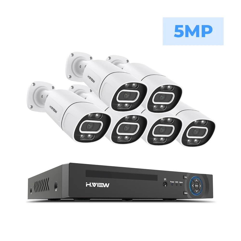 Kit Vidéosurveillance POE H.View 4K – Caméras 5MP/8MP, NVR 8CH H.265, Détection de Personnes, Vision Nocturne Couleur, Audio Bidirectionnel