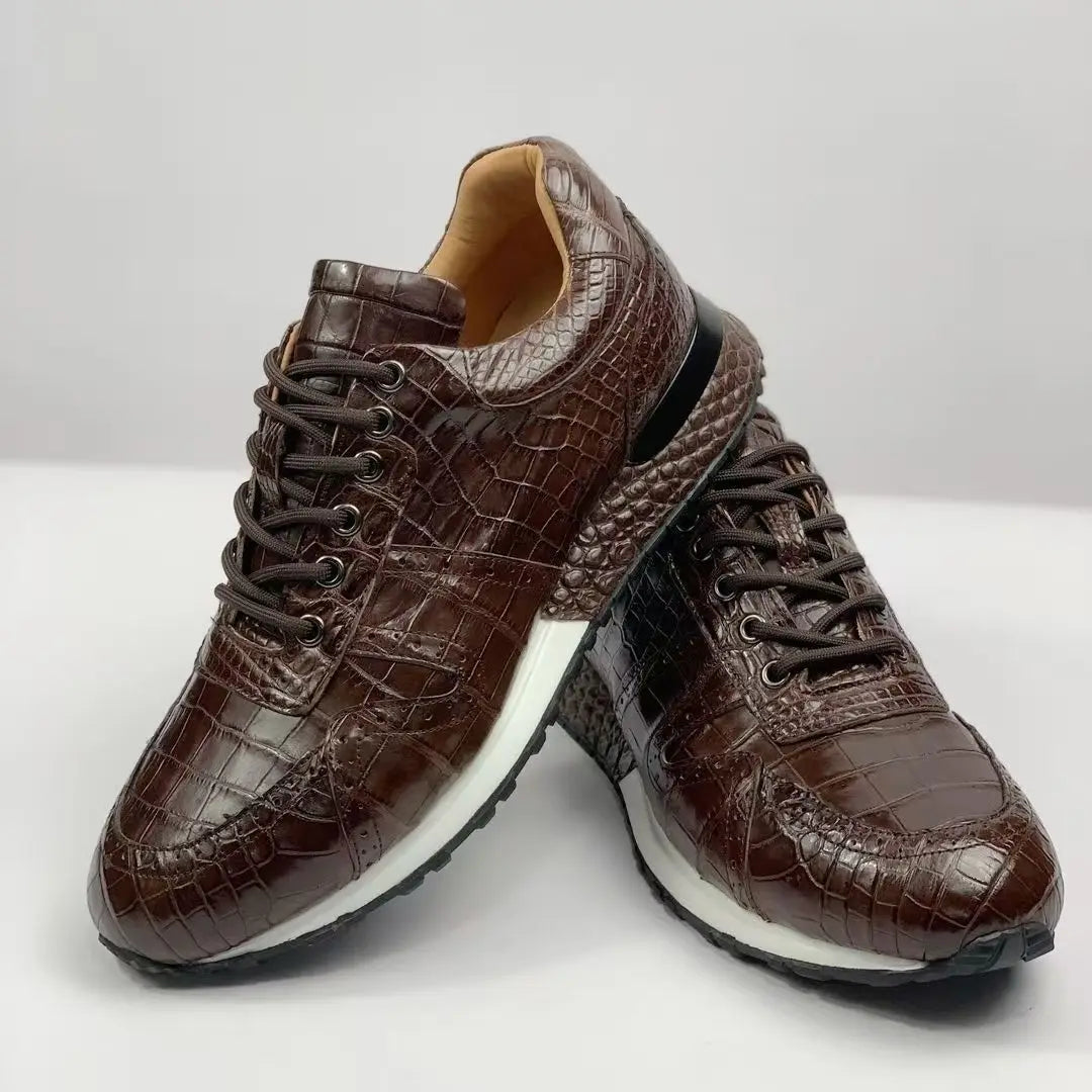 Sneakers Cuir Véritable Effet Croco Marron Homme – Bout Rond, Tailles 38-44 – CLEVI Paris