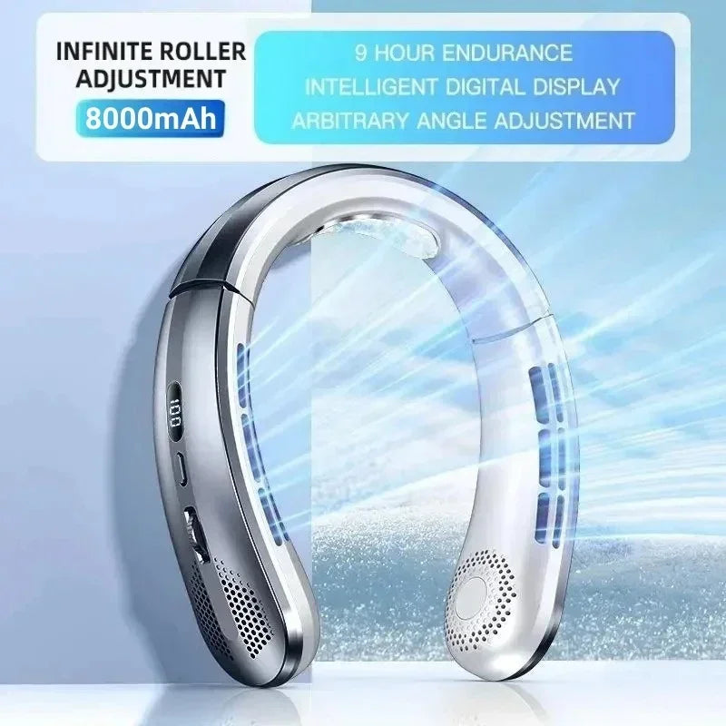 Ventilateur Tour de Cou Sans Lames 8000mAh 100 Vitesses LED USB Rechargeable – CLEVI Paris