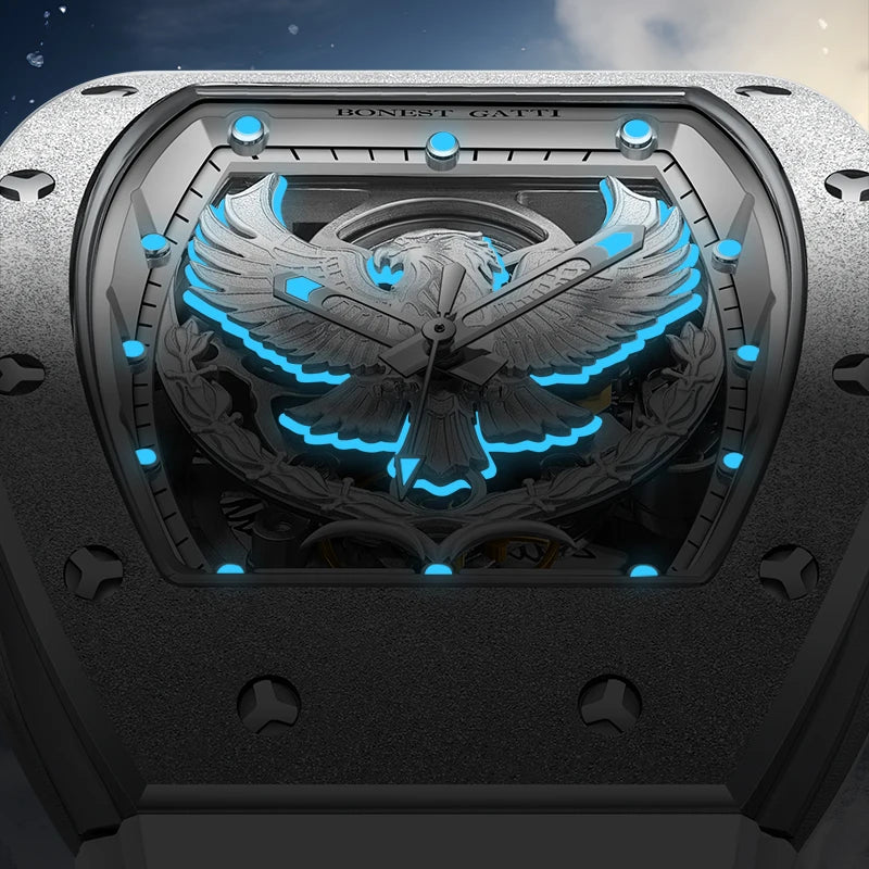 Montre BONEST GATTI BG5002 – Automatique Tonneau 45 mm, Cadran Aigle Lumineux, Verre Saphir, Bracelet Caoutchouc, Étanche 3 ATM – CLEVI Paris