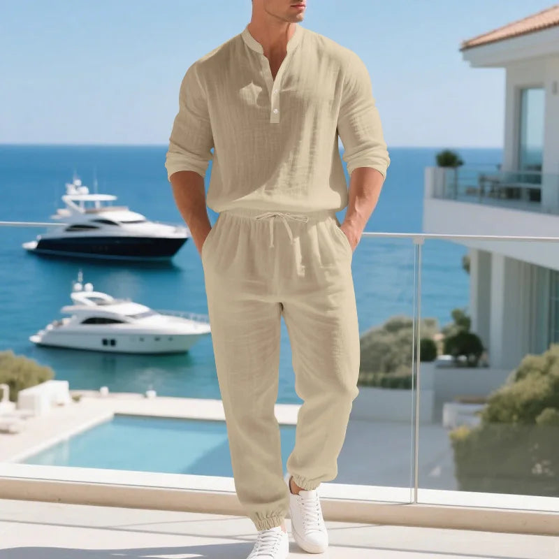 Ensemble 2 Pièces Homme Lin Col Henley Manches Longues + Pantalon Style Casual Américain Automne – CLEVI Paris