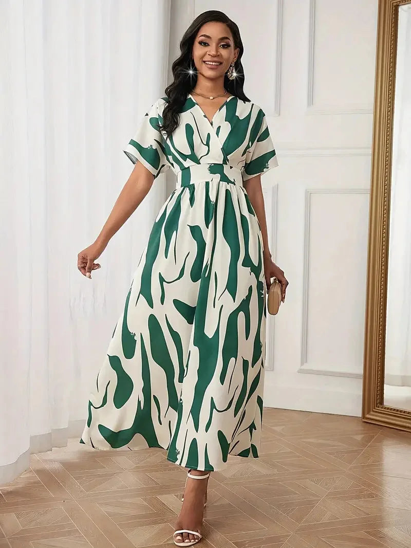 Robe Femme Col V Manches Courtes Imprimé Abstrait A-Line Taille Empire Casual Été – CLEVI Paris