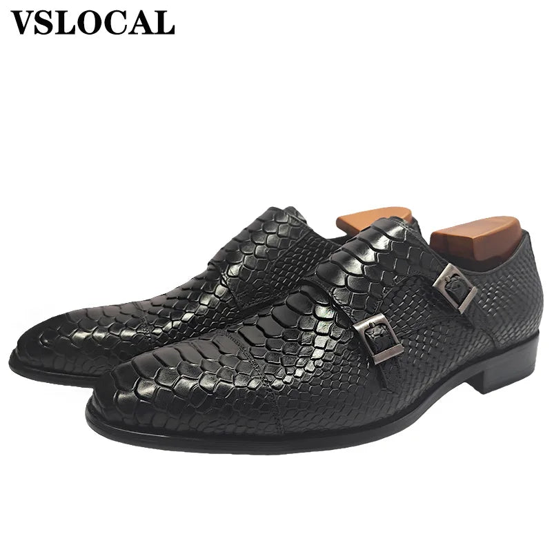 Chaussures Homme Cuir Véritable VSLOCAL – Monk Strap Double Boucle Imprimé Serpent Slip-On – CLEVI Paris