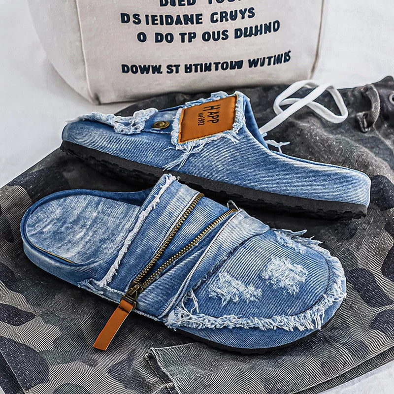 Mules Denim Homme Bleu Jean Effiloché Fermeture Éclair N-6 – CLEVI Paris