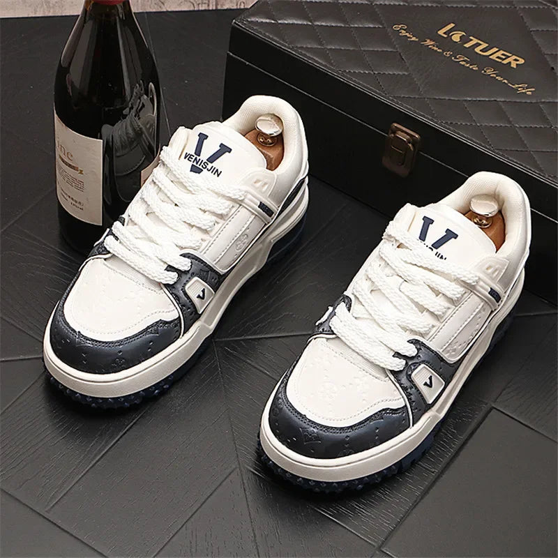 Sneaker Casual Homme HUISONG – Semelle Épaisse Cuir Lacets & Sangle Cheville