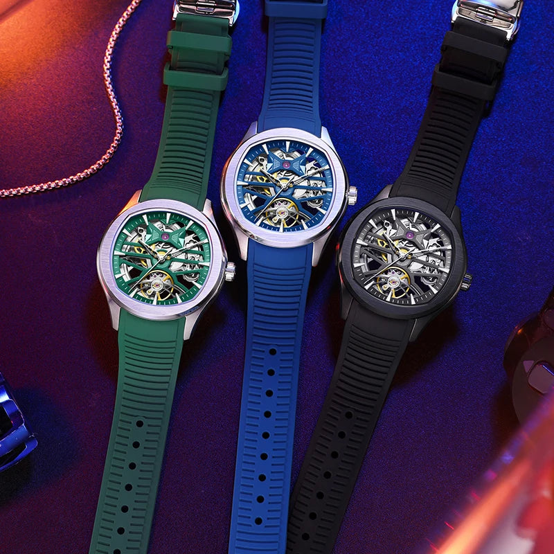 Montre Mécanique Homme Squelette Tourbillon – Boîtier Ovale Acier, Aiguilles Lumineuses & 3 Coloris