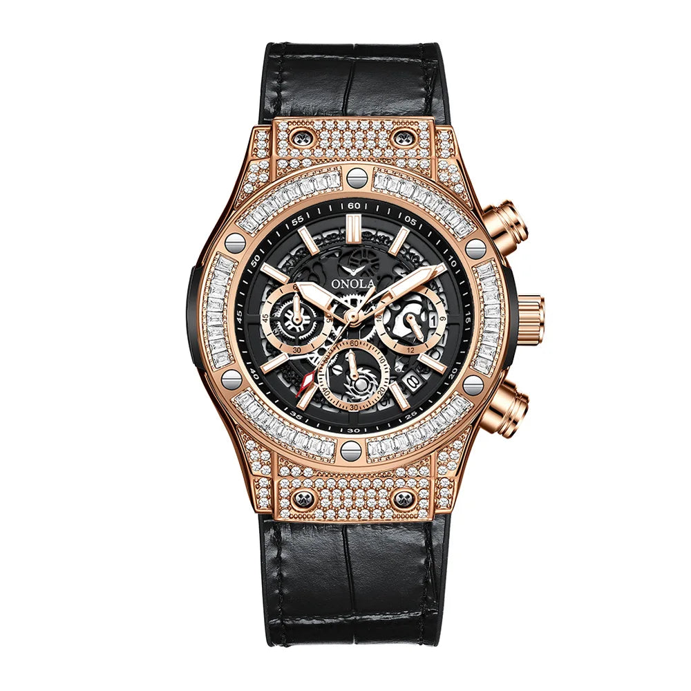 ONOLA ON6856 – Montre Quartz Homme | Diamants, Calendrier, Bracelet Cuir, Étanche 3 Bar