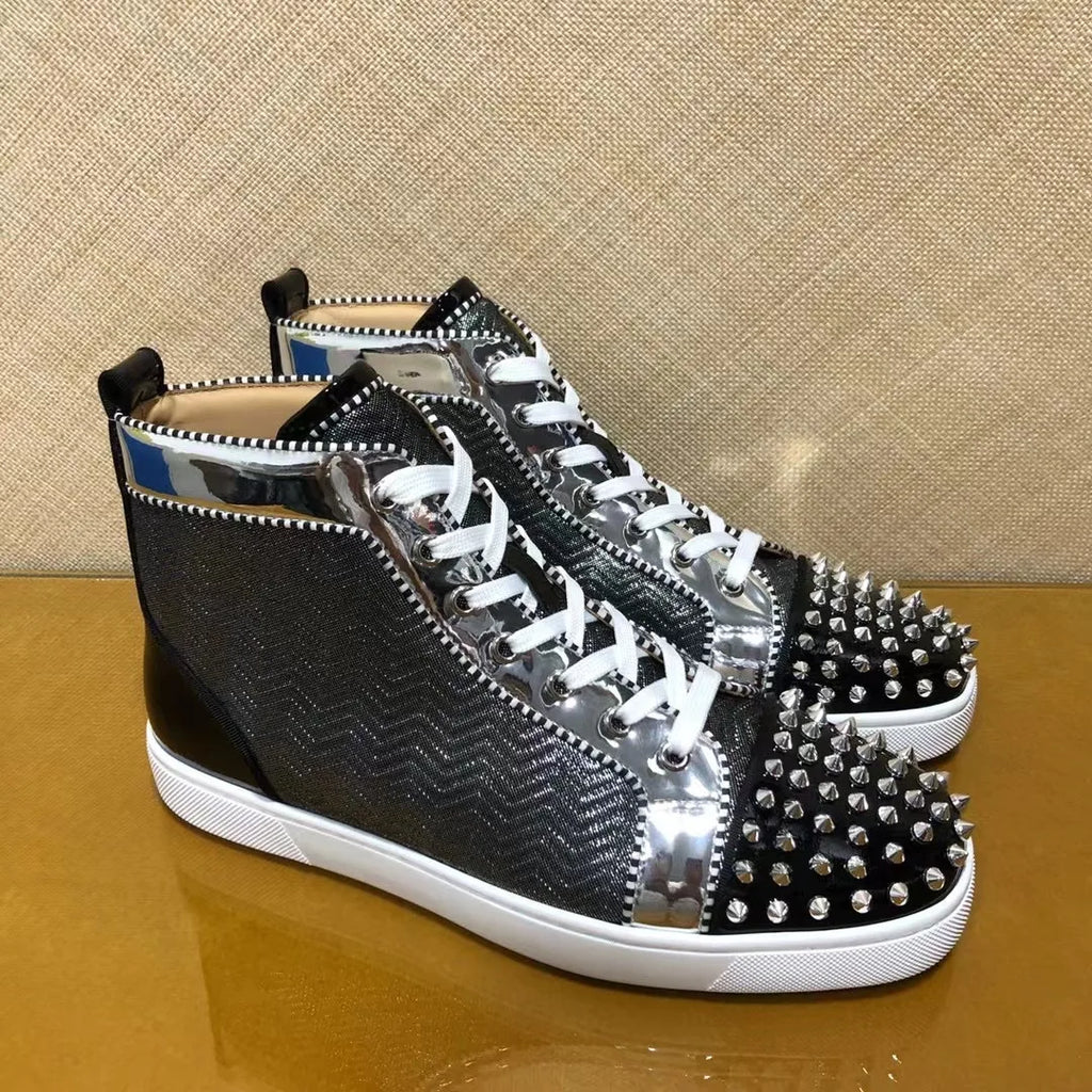 Sneakers Montantes Cuir Véritable Color Block Rivets Argentés Homme – Semelle Rouge, Lacets, Tailles 35-48 – CLEVI Paris