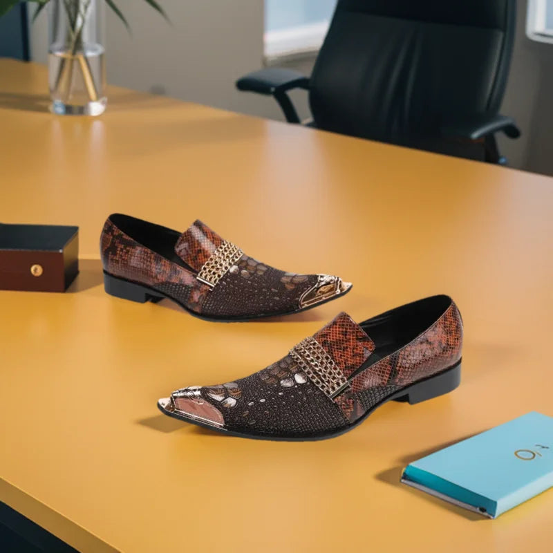 Mocassins Homme Cuir de Vache Motif Python Bout Pointu Slip-On | Business & Mariage EU 36-49