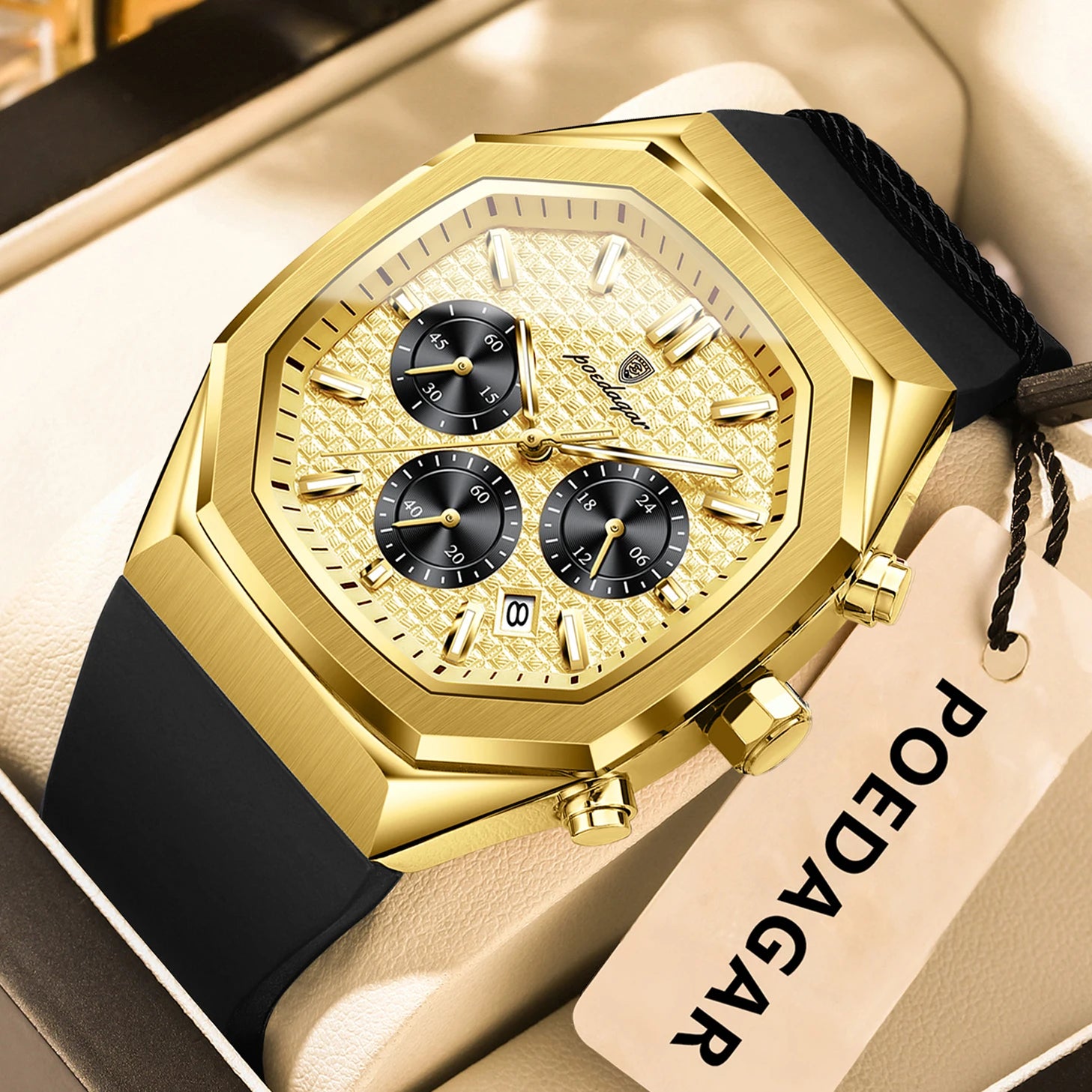 POEDAGAR Montre Quartz Homme Chronographe Carré Silicone Lumineux Date Auto – CLEVI Paris