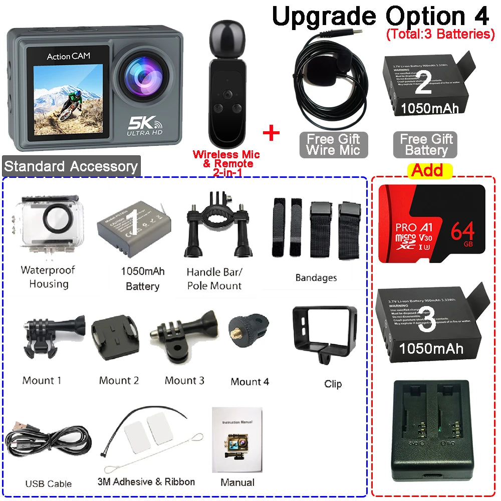 Action Cam HUAFANT M4R 5K 4K60fps – EIS 6 Axes, Grand Angle 170°, Étanche 30m, Micro Sans Fil, Double Écran IPS, WiFi – CLEVI Paris