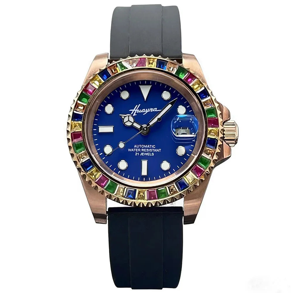 Montre Homme Automatique HUAYRA – Miyota 8215 Diamants Arc-en-Ciel Verre Saphir Bracelet Caoutchouc – CLEVI Paris