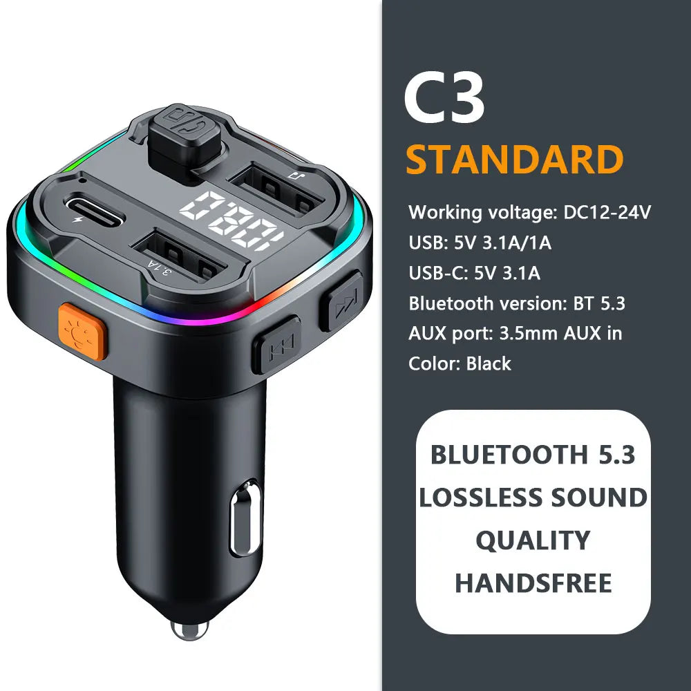 Émetteur FM Voiture Bluetooth 5.3 – Charge USB+Type-C Mains Libres Lecteur MP3 Lumières Ambiance 12-24V – CLEVI Paris
