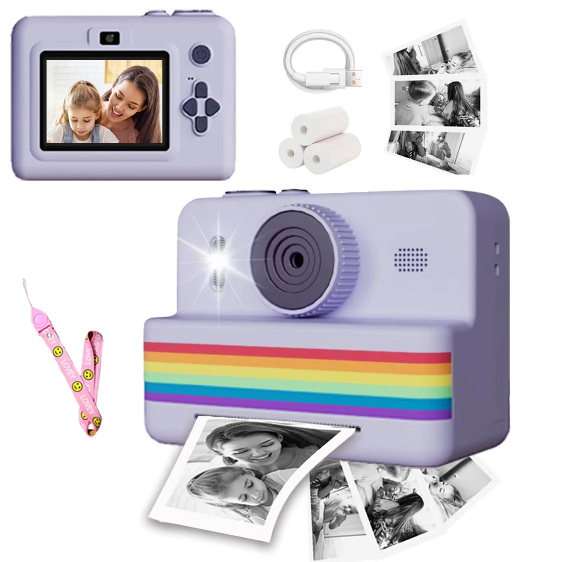 Appareil Photo Enfant P7 – Impression Thermique Instantanée, Écran 2.8", Objectif 180°, 1080P