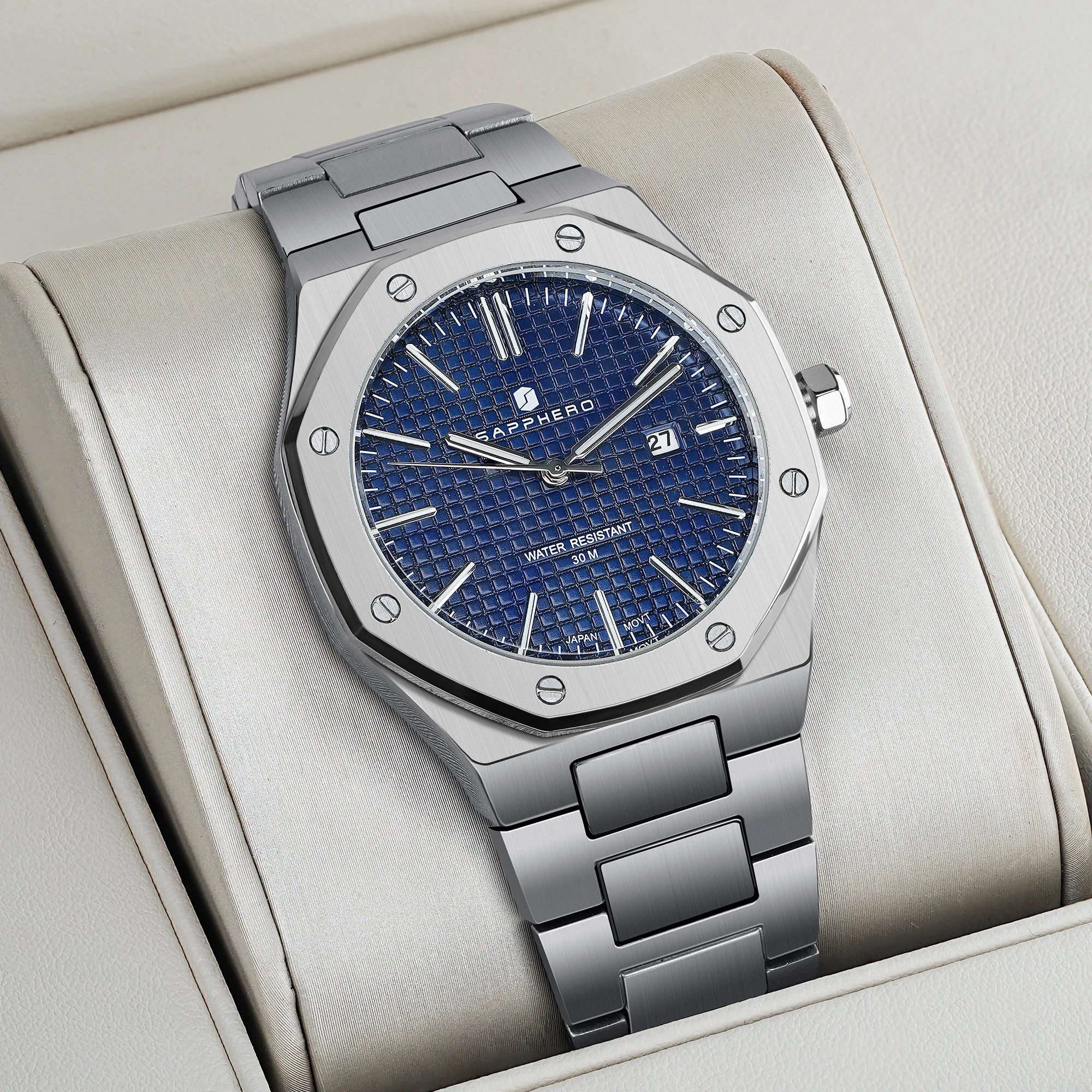Montre SAPPHERO SO2110 – Quartz Seiko TMI PC32, Acier 316L, Cadran Octogonal, Date, Aiguilles Lumineuses, Étanche 5 ATM – CLEVI Paris