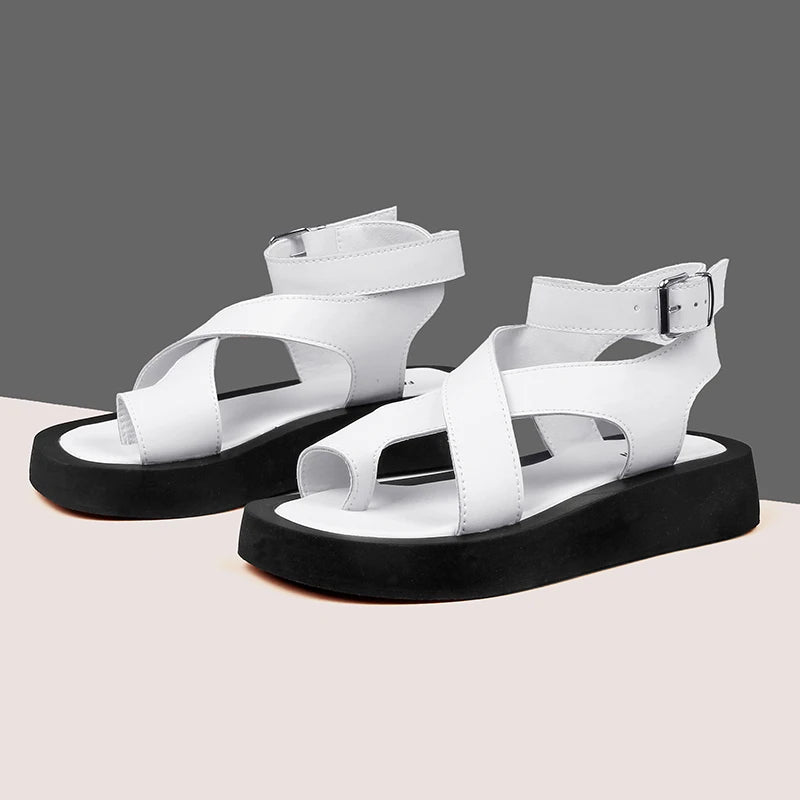 Sandales Femme Cuir Véritable Bout Clip Plateforme Boucle | Rose, Blanc, Marron, Noir – CLEVI Paris