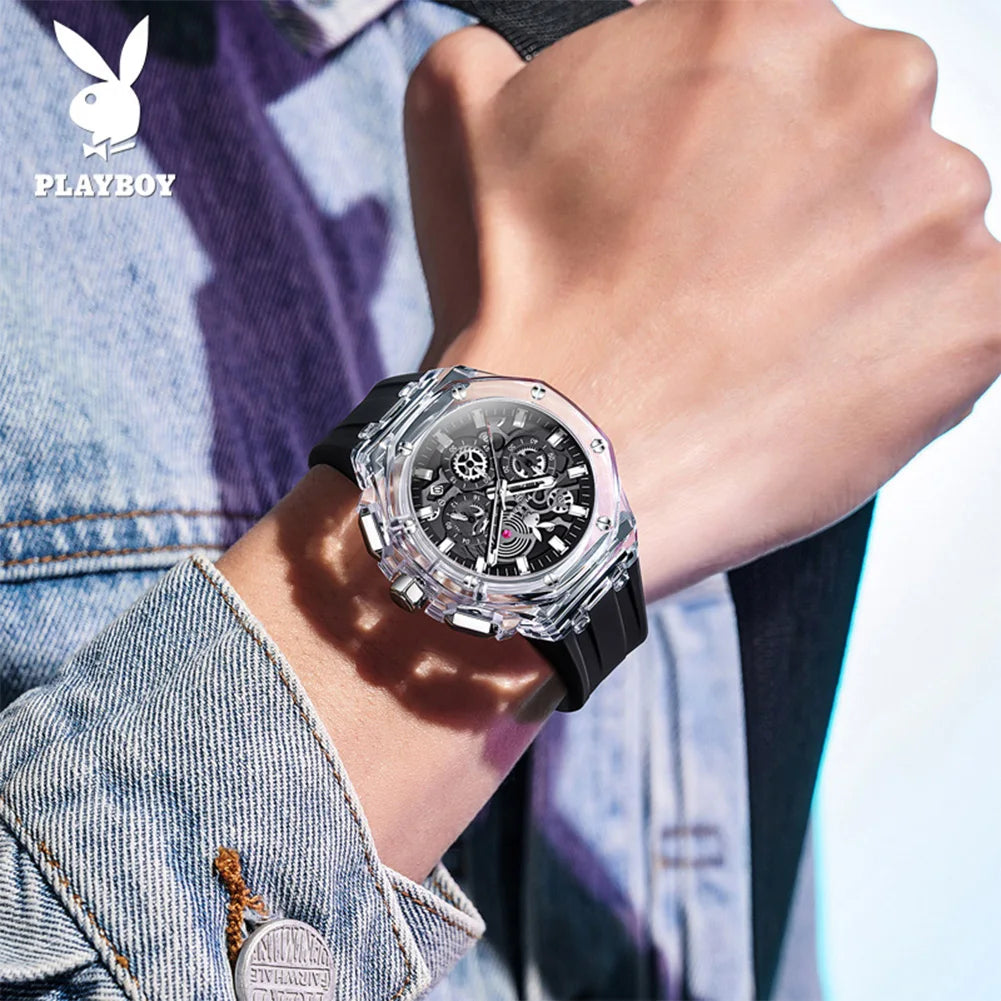 Montre Homme PLAYBOY 3082 – Squelette Quartz, Chronographe, Bracelet Silicone, Étanche 3 ATM – CLEVI Paris