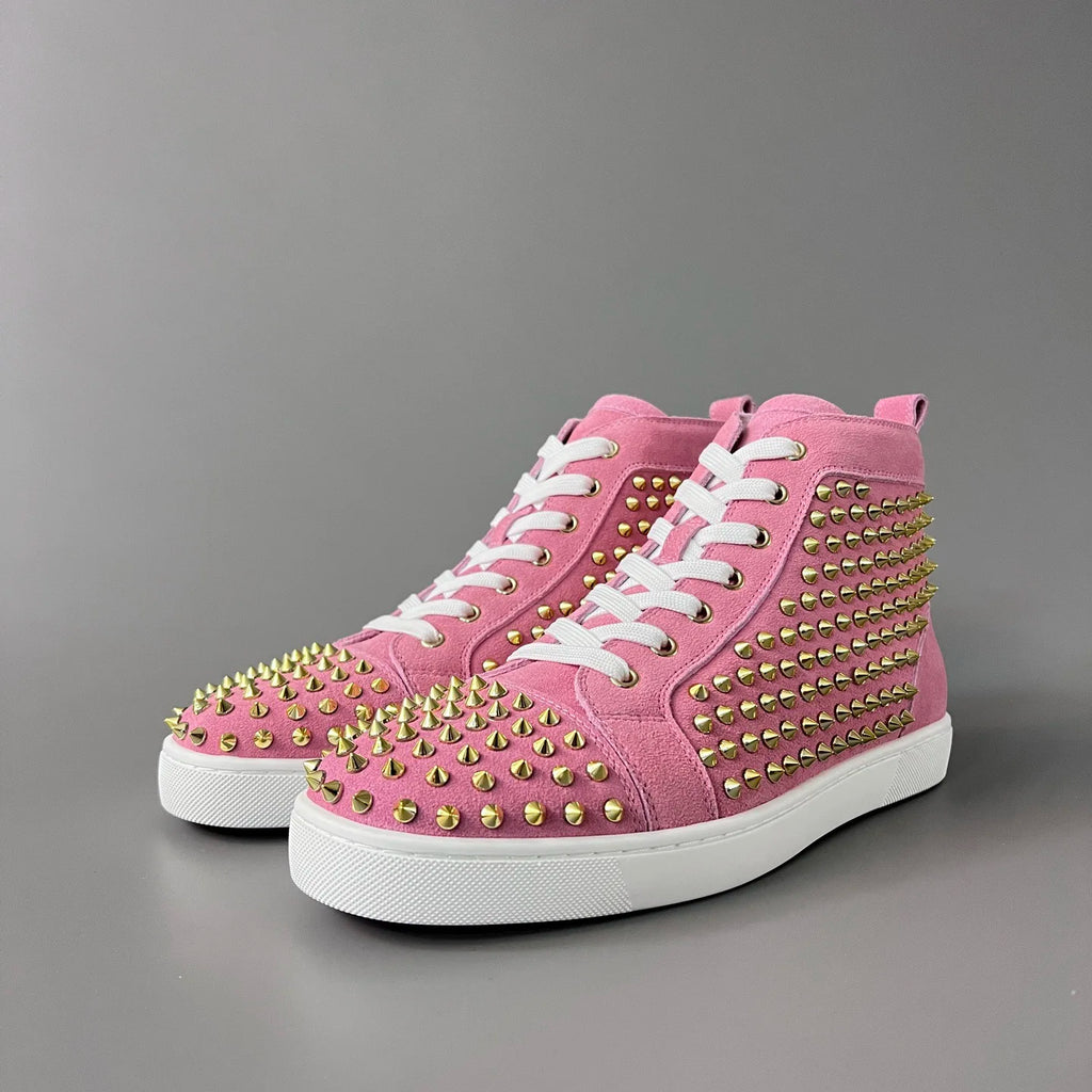Mocassins Homme Cuir Suède Rose – Semelle Rouge, Rivets, Lacets | Style Luxe