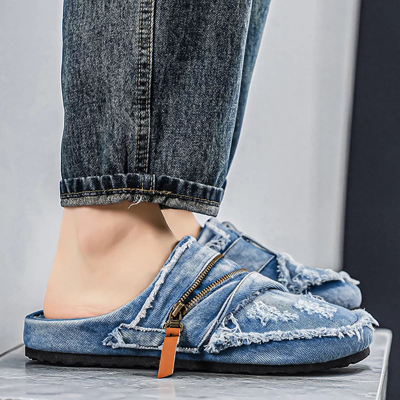 Mules Denim Homme Bleu Jean Effiloché Fermeture Éclair N-6 – CLEVI Paris