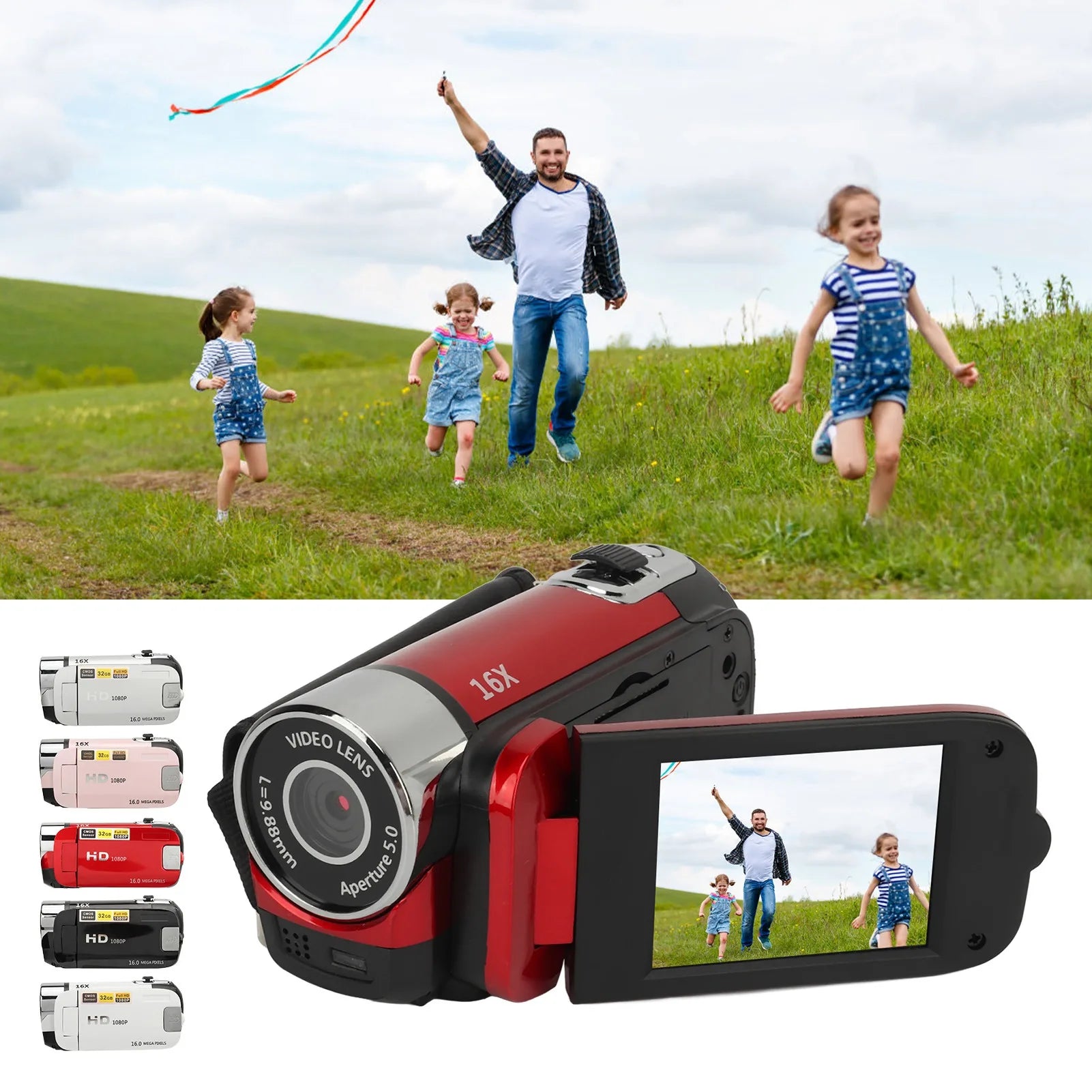 Caméra Numérique 1080p 16MP – Écran Rotatif 2,4", Zoom 16x, Lumière d’Appoint, Anti-Choc – CLEVI Paris