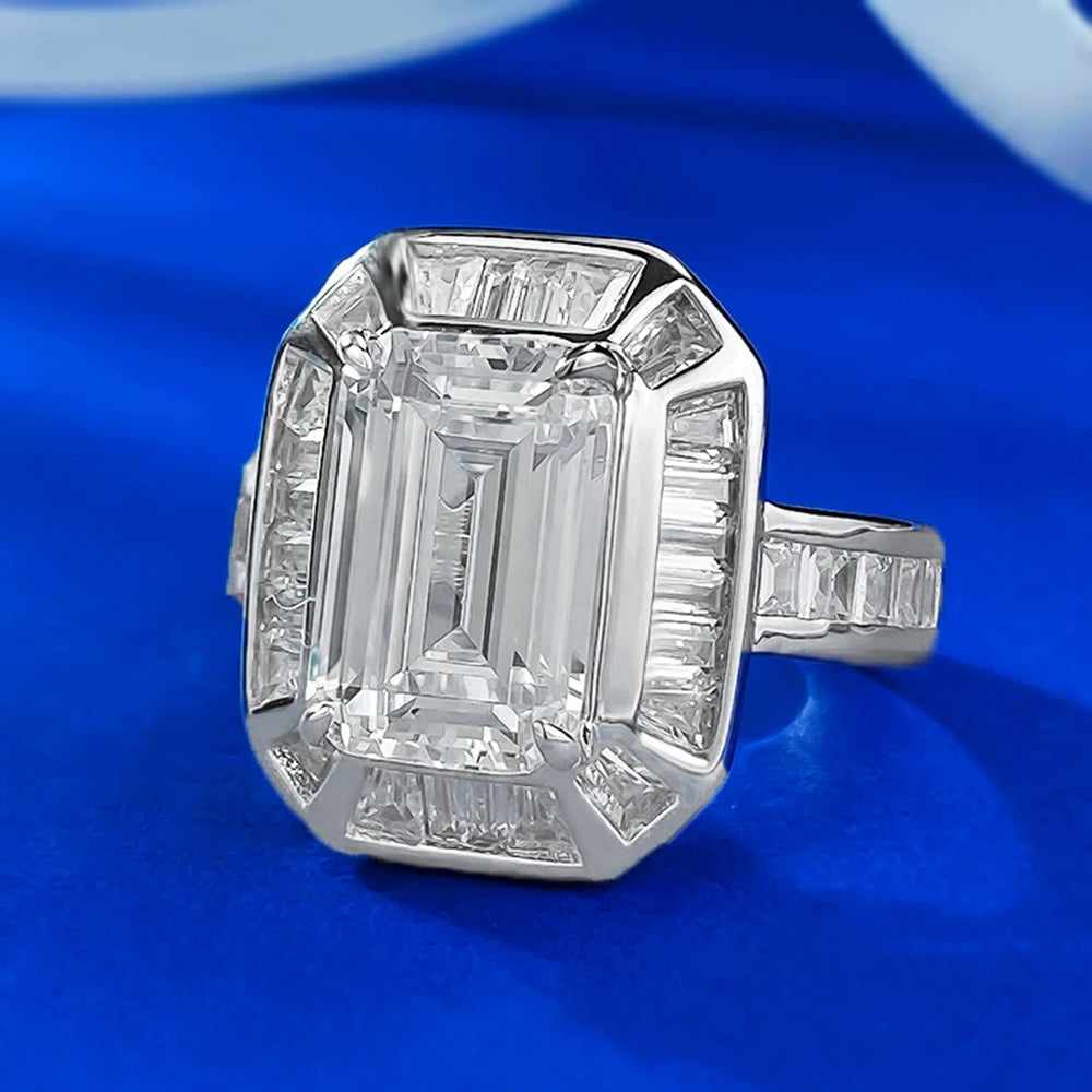 Bague Fiançailles Saphir Lab Taille Émeraude 8×12mm | Diamant Haute Carbone Argent 925 – CLEVI Paris