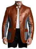 Blazer en cuir PU de luxe marron pour homme, effet croco, patchwork denim, col montant, coupe ajustée, idéal pour affaires, décontracté ou soirée