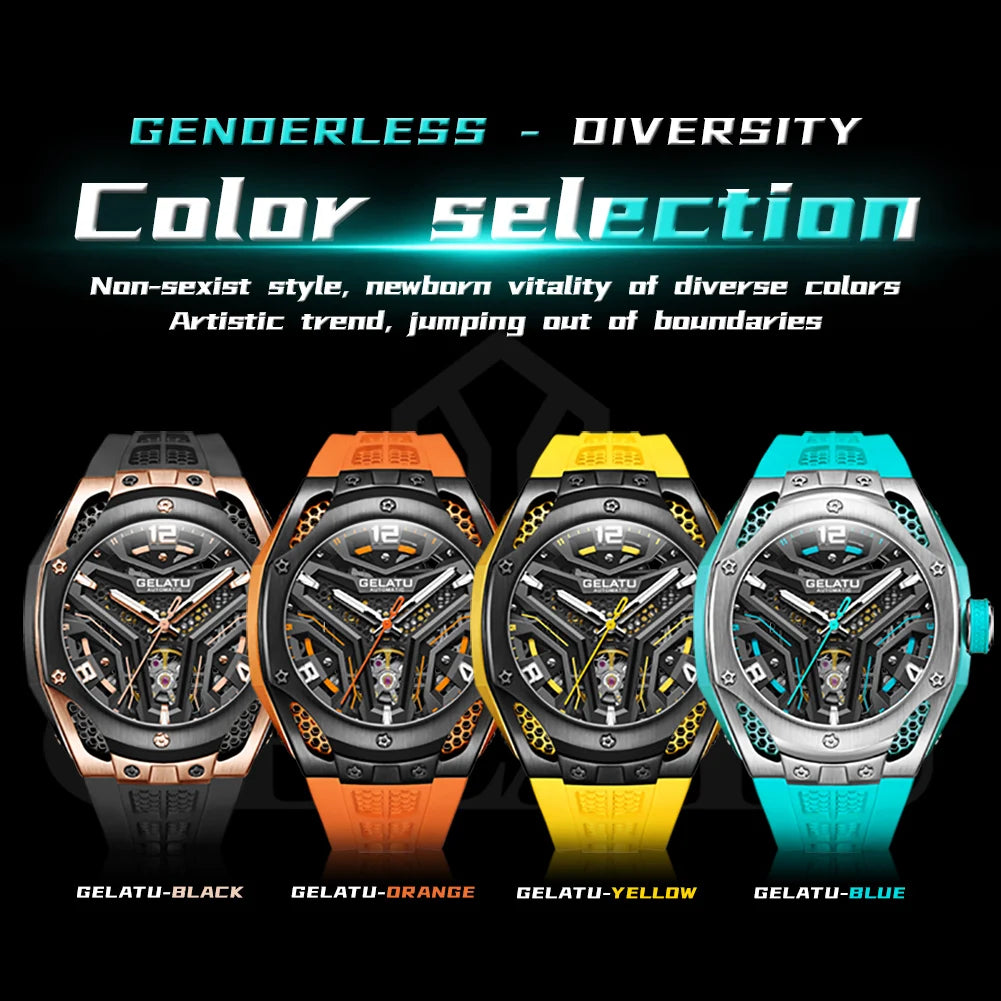 GELATU Montre Automatique Homme Squelette Tonneau Saphir Silicone Étanche 5ATM – CLEVI Paris