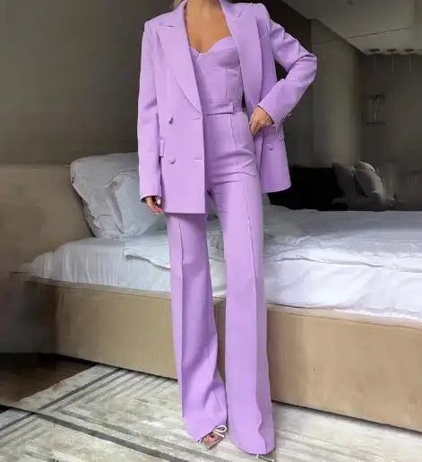 Ensemble 3 Pièces Femme – Top Bretelles + Pantalon Taille Haute + Blazer | Bureau & Casual | Turquoise, Violet | S-XXL