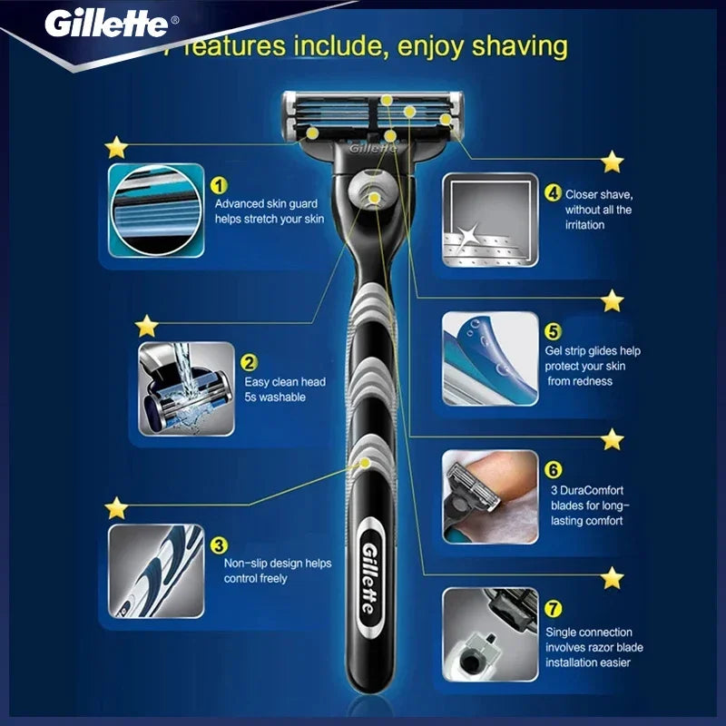 Rasoir Manuel Gillette Mach 3 Homme – 3 Lames Acier Inoxydable Bande Hydratante Rasage Précis – CLEVI Paris
