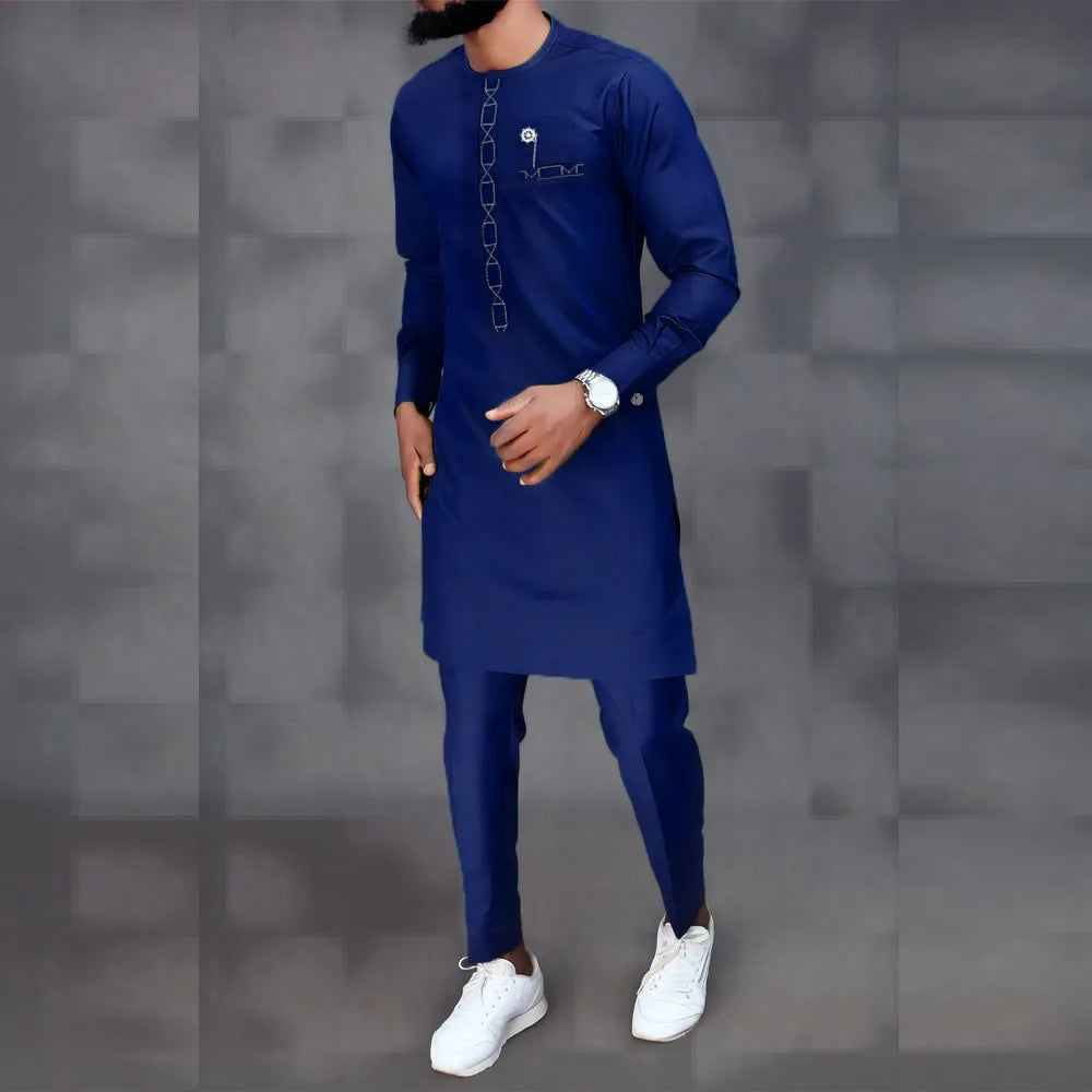 Kaftan Dashiki Homme 2 Pièces Brodé Manches Longues Col Rond + Pantalon Élastique Style Africain Mariage Fête M-4XL – CLEVI Paris