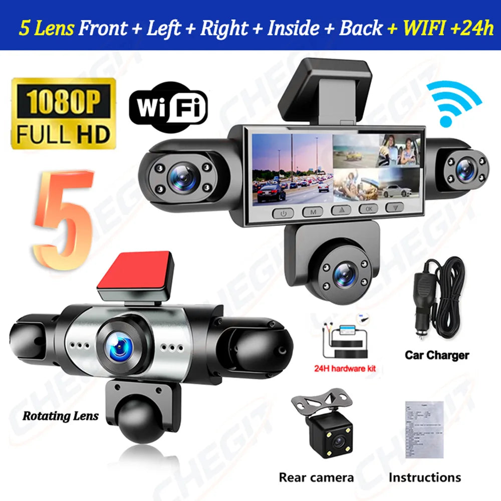Dashcam 5 Objectifs 360° 1080p – WiFi, Surveillance Parking 24h, Vision Nocturne IR, G-Sensor, App iOS & Android – CLEVI Paris