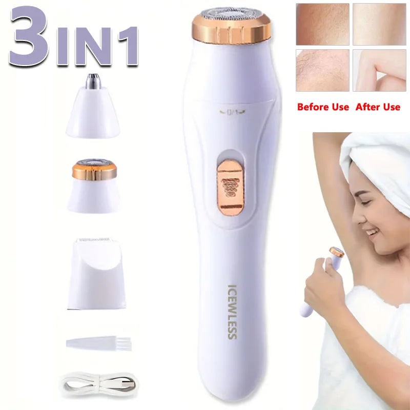 Rasoir Électrique Femme Étanche – Épilation Indolore Bikini, Aisselles, Jambes & Visage – Violet / Blanc / Bleu