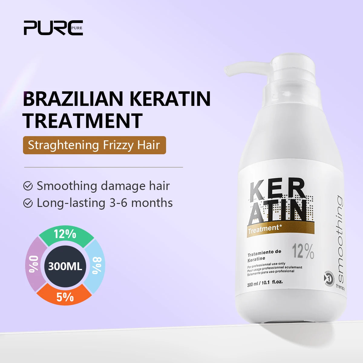 Traitement Kératine Brésilienne PURC 300ml – Lissage & Anti-Frisottis, 0% à 12%