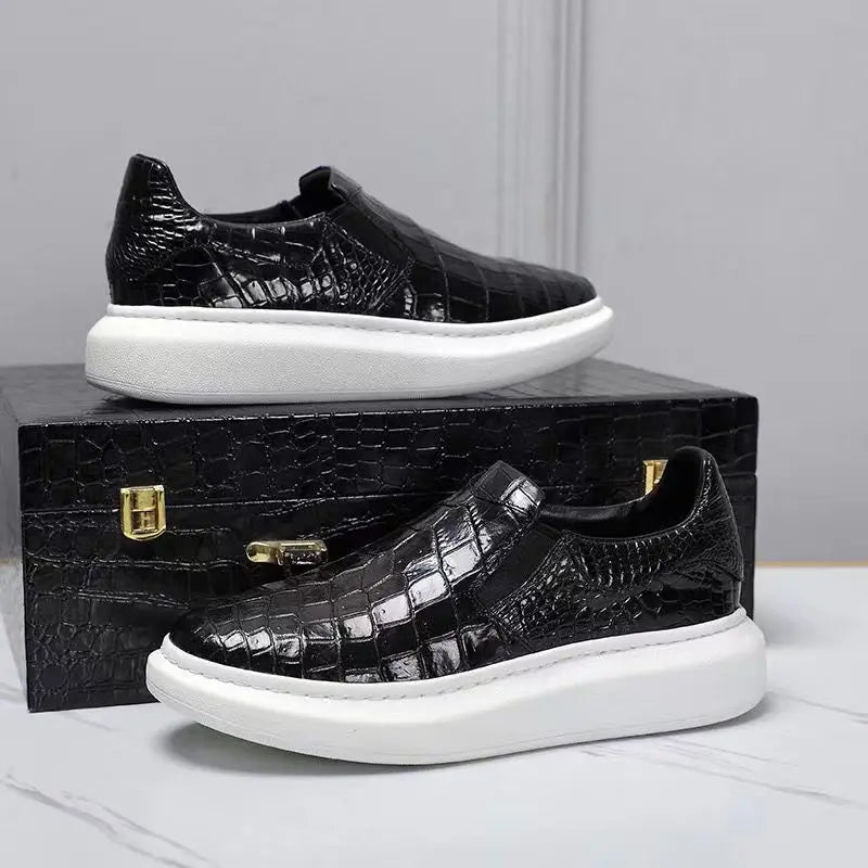 Sneakers Cuir Véritable Effet Crocodile Homme Marron & Noir – Tailles 38-50 – CLEVI Paris