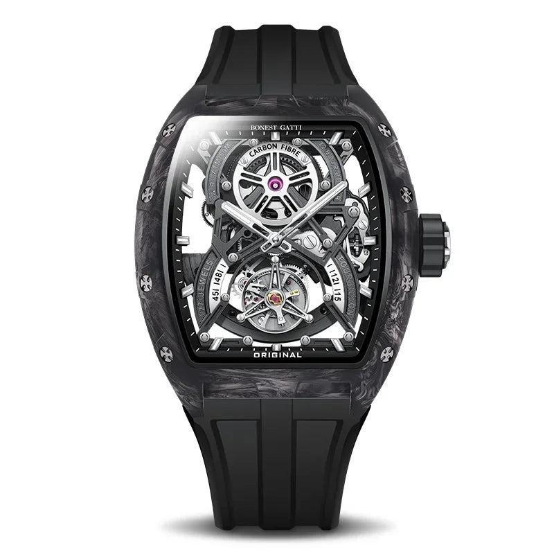 BONEST GATTI BG7003 – Montre Squelette Automatique Homme | Carbone, Verre Saphir, Étanche 5 Bar