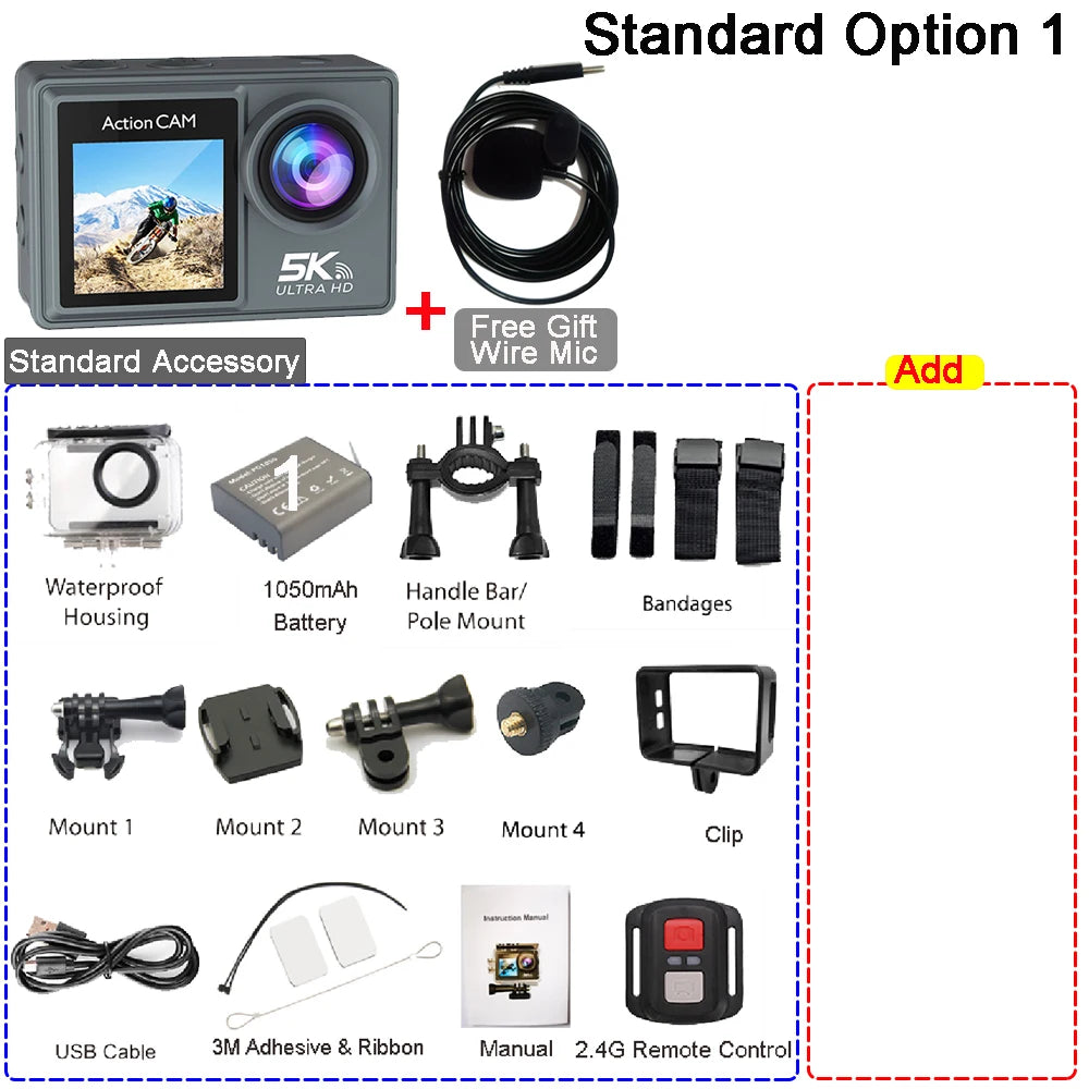 Action Cam HUAFANT M4R 5K 4K60fps – EIS 6 Axes, Grand Angle 170°, Étanche 30m, Micro Sans Fil, Double Écran IPS, WiFi – CLEVI Paris