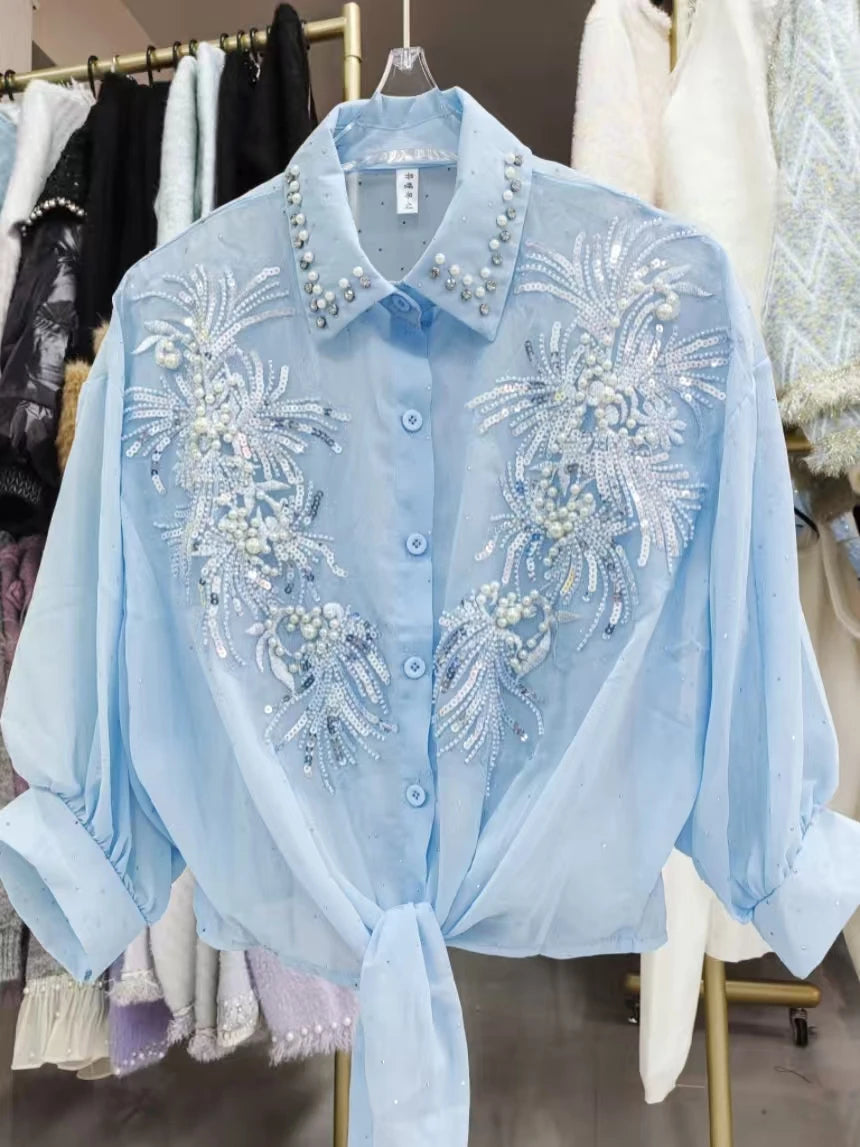 Chemisier Cardigan Femme Mousseline Sequins Perles Manches Bouffantes Style Coréen Casual – CLEVI Paris
