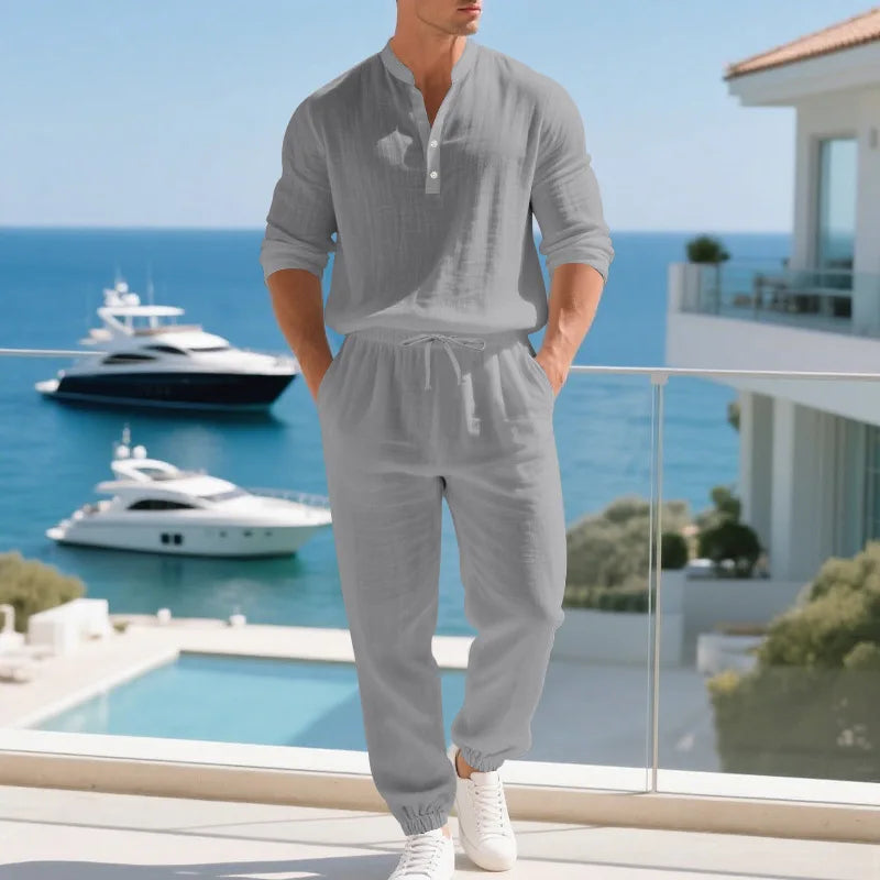 Ensemble 2 Pièces Homme Lin Col Henley Manches Longues + Pantalon Style Casual Américain Automne – CLEVI Paris