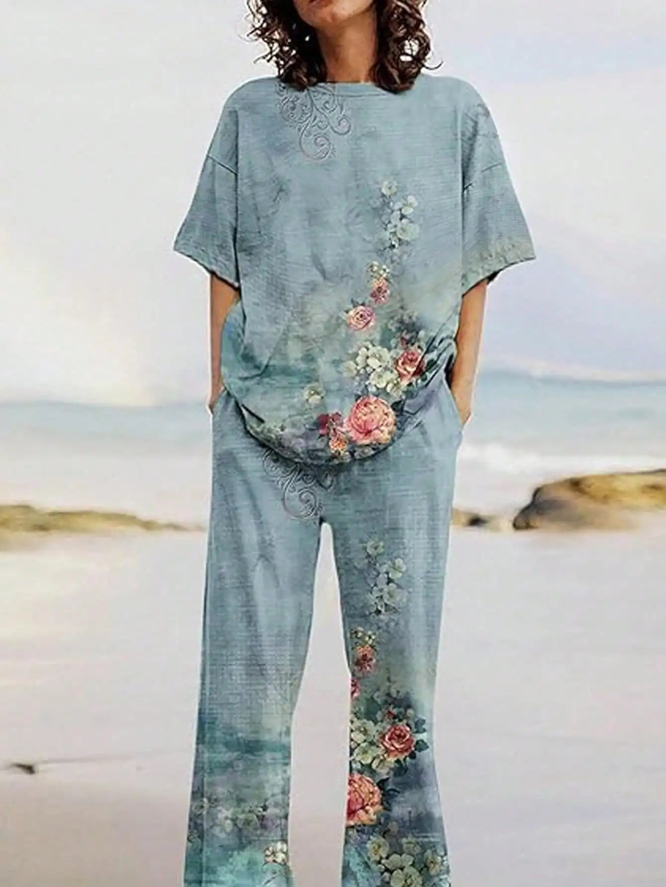 Ensemble 2 Pièces Femme Top Col Rond + Pantalon Imprimé Floral Vintage Stretch – CLEVI Paris